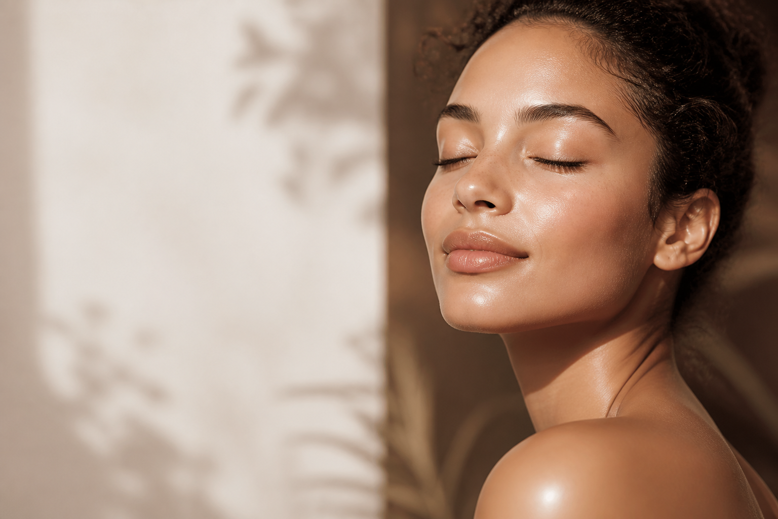 Radiant, flawless skin in a warm, luxurious setting